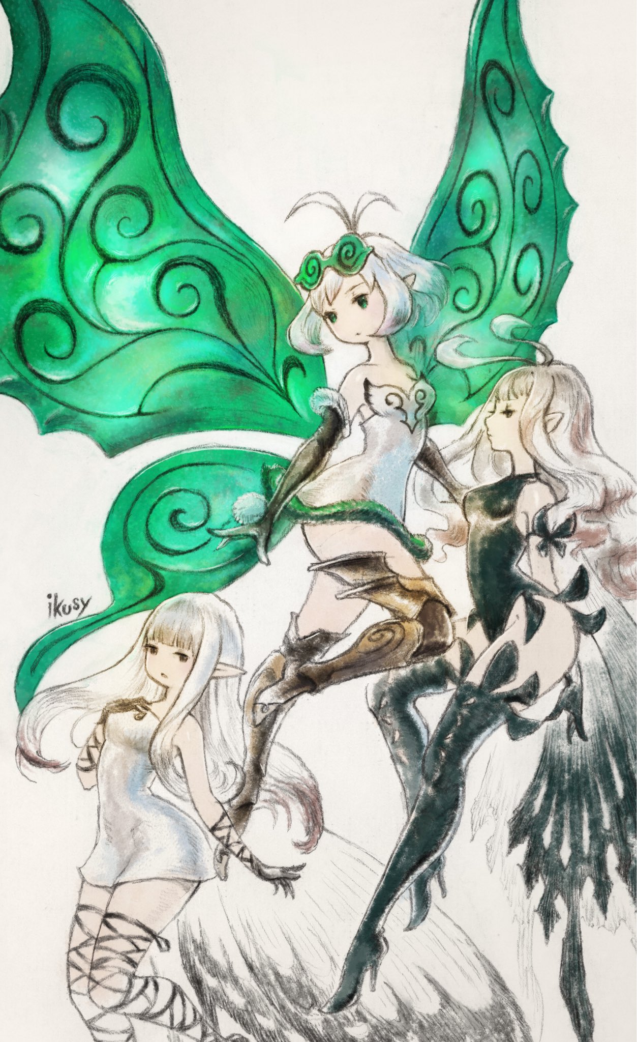 3girls aerie_(bravely_default) anne_(bravely_second) antenna_hair arms_behind_back bare_shoulders black_gloves black_legwear black_leotard boots bravely_default:_fairy's_effect bravely_default:_flying_fairy bravely_default_(series) bravely_second:_end_layer brown_eyes brown_legwear commentary_request dress elbow_gloves eyewear_on_head fairy fairy_wings glasses gloves green_eyes hand_on_own_chest high_heels highres ikusy leotard long_hair multiple_girls official_art pointy_ears rinne_(bravely_default) short_dress short_hair sketch strapless strapless_dress thigh_boots thigh_strap thighhighs white_dress white_hair wings