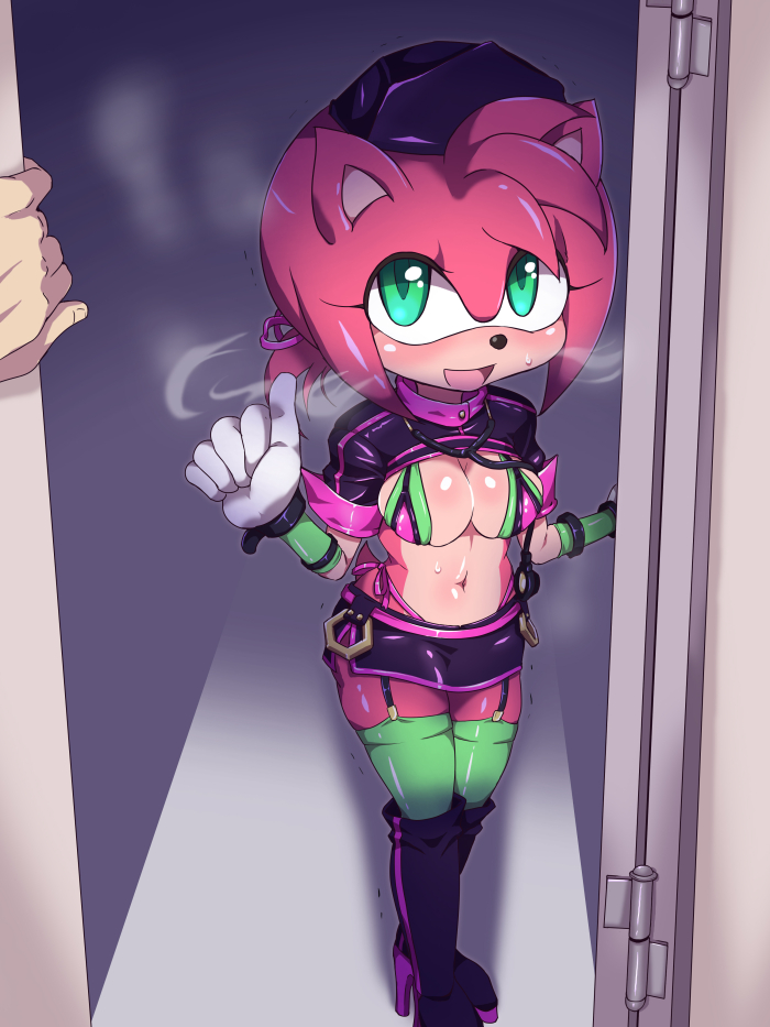2019 5_fingers amy_rose anthro bikini bikini_top black_nose blush breasts cleavage clothed clothing doorway duo eulipotyphlan female footwear garter_straps green_eyes hat hedgehog high_heels jacket knee_boots legs_together legwear looking_at_viewer mammal midriff miniskirt navel open_mouth open_smile shoes skirt smile sonic_(series) standing swimsuit thigh_highs thong zoncrown