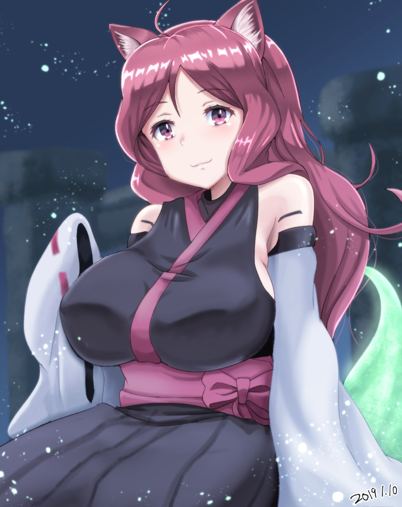 1girl :3 ahoge animal_ears bare_shoulders blurry blush breasts closed_mouth dated depth_of_field detached_sleeves eyebrows_visible_through_hair head_tilt japanese_clothes kemurikusa large_breasts long_hair night number outdoors pink_eyes red_hair ribbon-trimmed_sleeves ribbon_trim ritsu_(kemurikusa) samenoido sitting sleeves_past_fingers sleeves_past_wrists solo wide_sleeves