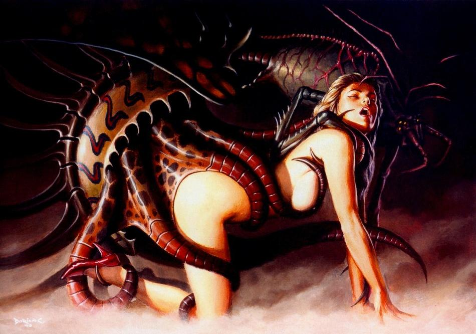 all_fours breasts dorian_cleavenger high_heels insect monster monster_rape parasite sex sideboob smoke tentacle