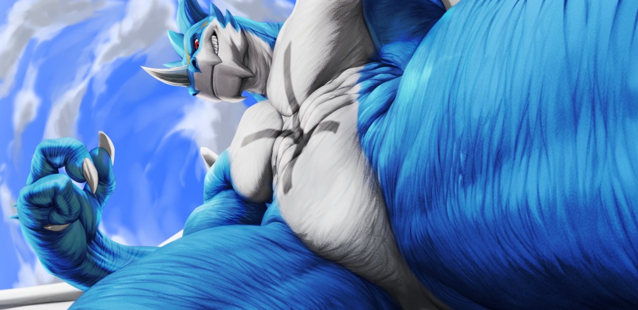 2021 3_fingers anthro bandai_namco blue_body blue_skin claws cloudy countershading digimon digimon_(species) exveemon featureless_crotch fingers grey_markings low-angle_view male markings mtfoxx pecs red_eyes sharp_teeth solo teeth white_body white_claws white_countershading worm's-eye_view