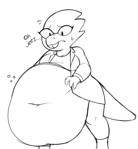 alphys anthro belly big_belly black_and_white bodily_fluids bottomwear breasts buckteeth cleavage clothed clothing coat deep_navel dialogue english_text eyewear female flying_sweatdrops front_view frown glasses hyper hyper_belly lab_coat lizard looking_at_own_belly looking_at_self looking_down looking_down_at_self low_res medium_breasts midriff monochrome morbidly_obese morbidly_obese_anthro morbidly_obese_female navel non-mammal_breasts obese obese_anthro obese_female open_clothing open_coat open_topwear overweight overweight_anthro overweight_female partially_clothed raised_clothing raised_shirt raised_topwear reptile scalie shirt simple_background solo spaghettiz sweat sweatdrop teeth text thick_tail thick_thighs three-quarter_view topwear undertale undertale_(series) video_games wide_stance
