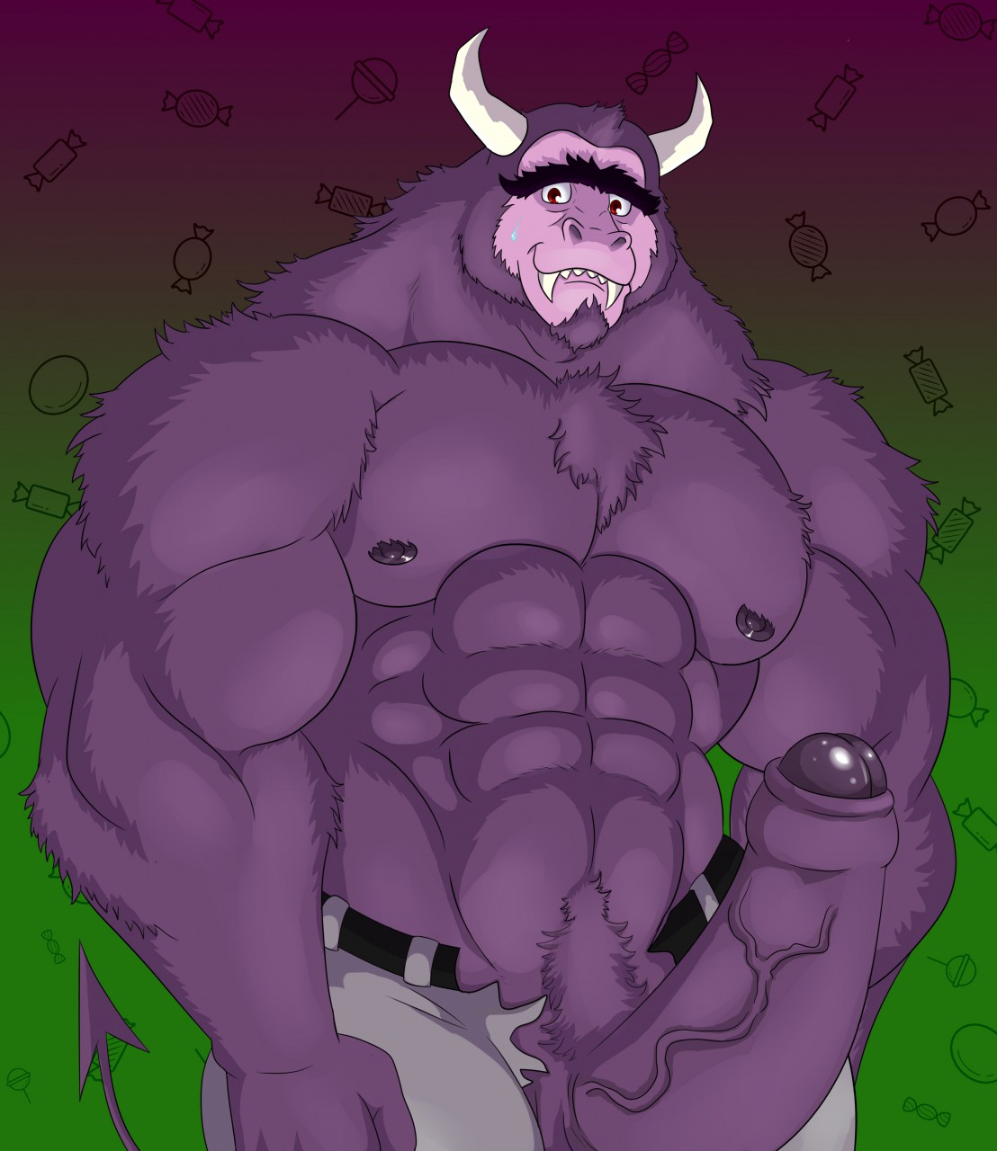 abs big_muscles bottomwear bovid bovine cartoon_network clothed clothing eduardo erection eyebrows foster's_home_for_imaginary_friends fur genitals hi_res imaginary_friend jabuhusky male mammal monster muscular nervous nervous_smile nipples open_bottomwear open_clothing open_pants pants pecs penis purple_body purple_fur solo torn_bottomwear torn_clothing torn_pants unibrow vein veiny_penis