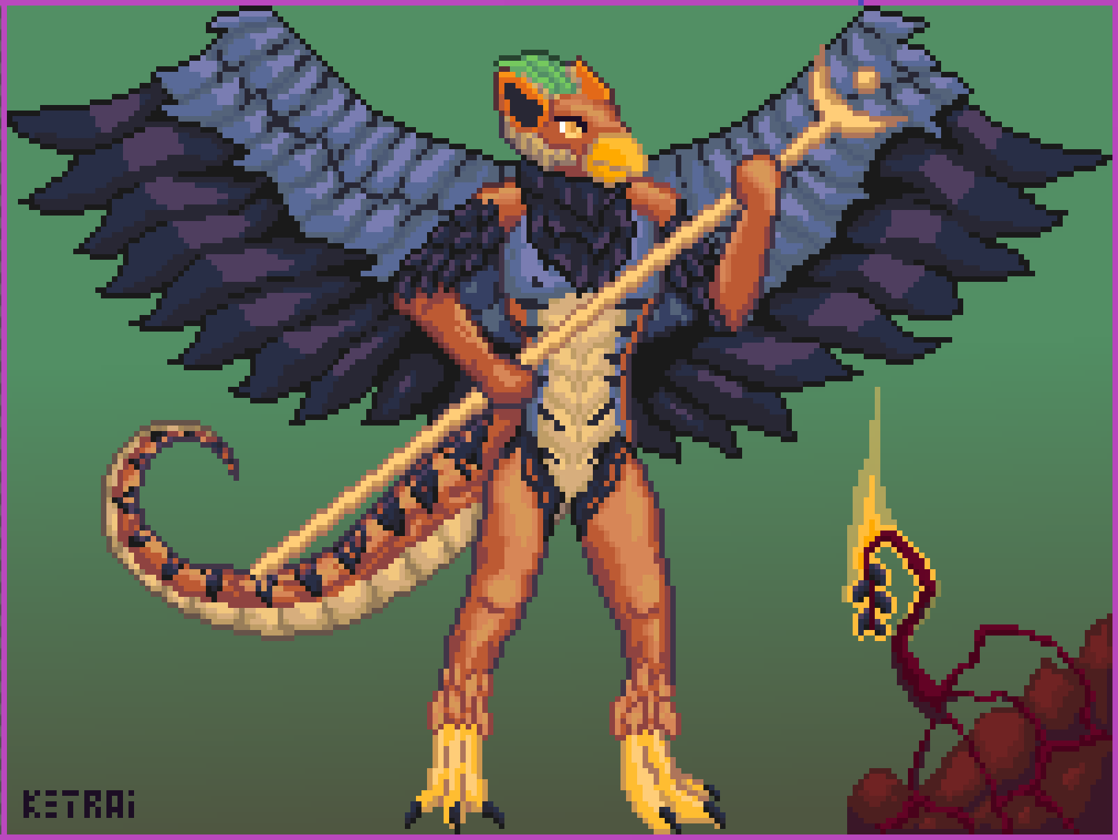 anthro avian beverage clawed_feet clawed_toes claws cockatrice coffee digital_media_(artwork) european_mythology feathered_wings feathers hi_res horn hybrid ketrai_(artist) magic male mythological_avian mythology nude pixel_(artwork) rock scalie shaded solo staff wings
