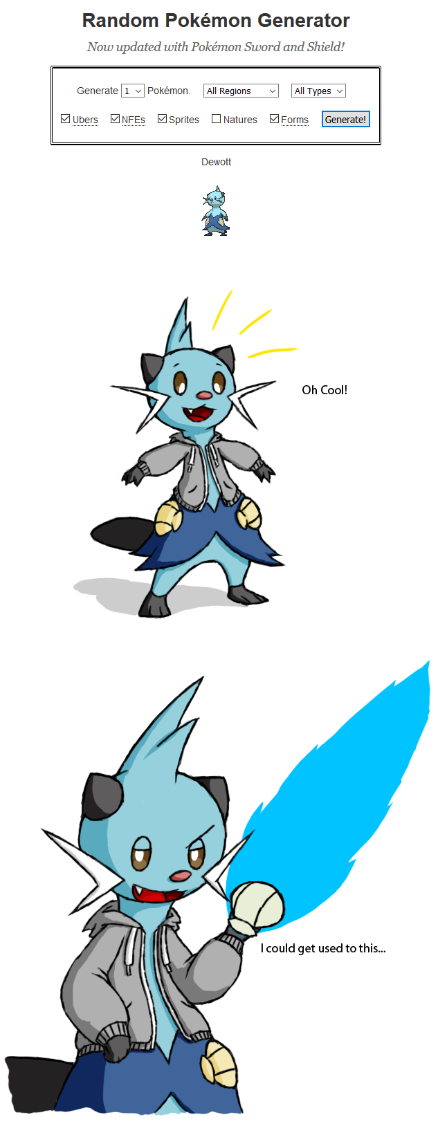 ambiguous_gender anonymous_artist clothing comic dewott english_text feral hi_res implied_transformation melee_weapon nintendo pok&eacute;mon pok&eacute;mon_(species) random_generator shell simple_background smug_expression solo sweater sword text topwear transformation video_games weapon white_background