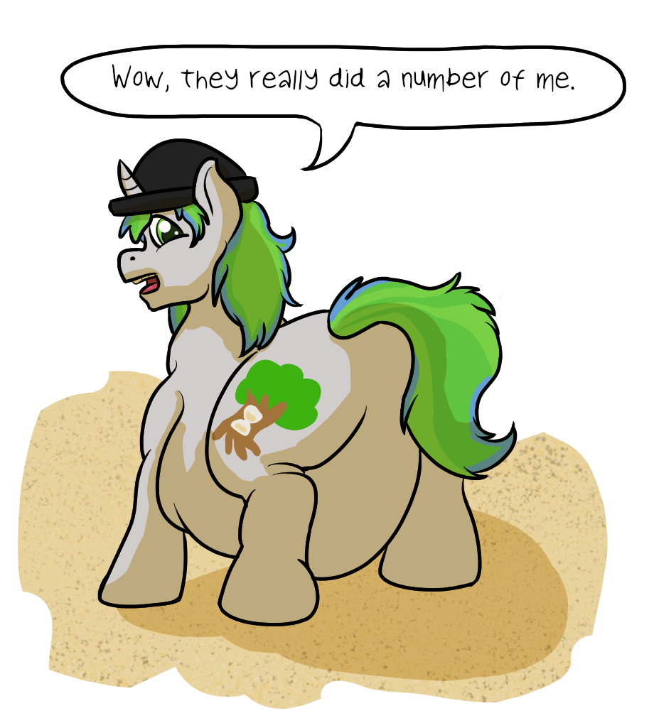 after_vore alpha_channel blue_markings clothing cutie_mark dialogue english_text equid equine green_eyes green_hair grey_body gyrotech hair hasbro hat headgear headwear hooves horn magic male mammal markings my_little_pony overweight silent_e text tree_time unicorn vore weight_gain