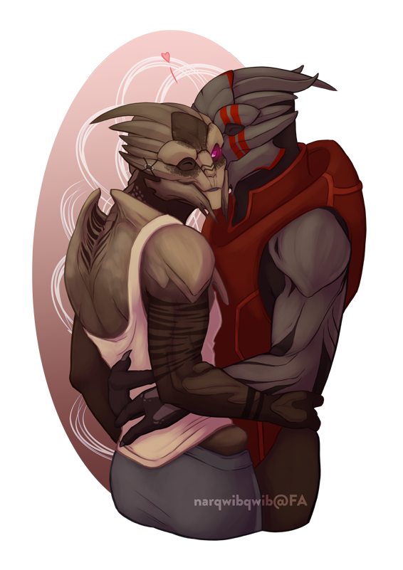 &lt;3 alien alpha_channel auguscus_acilcolus bodypaint bottomwear caal-kain clothed clothing cuddling duo embrace eyes_closed face_paint glowing glowing_eyes hug love male male/male mass_effect narqwibqwib pants purple_eyes sleeveless_shirt standing turian video_games