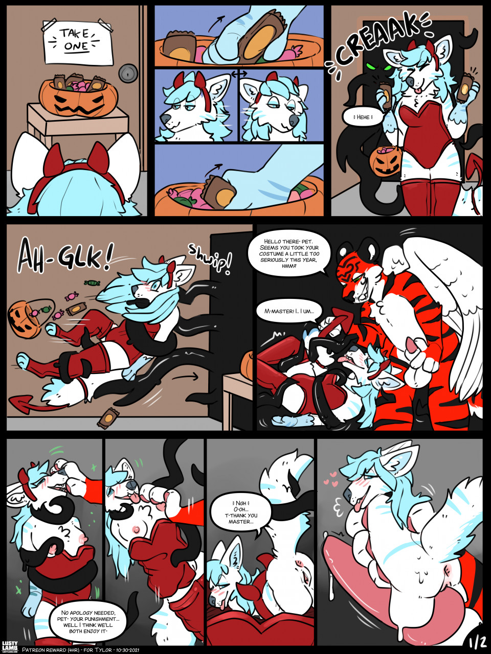 3:4 anthro canid canine comic conditional_dnp devil_costume duo english_text felid female fox halloween halloween_costume halloween_decoration halloween_pumpkin hi_res holidays limbless lustylamb male male/female mammal nipple_fetish nipple_play pantherine pussyjob sex sex_toy_transformation shrinking size_difference size_transformation tentacles text tiger transformation wings