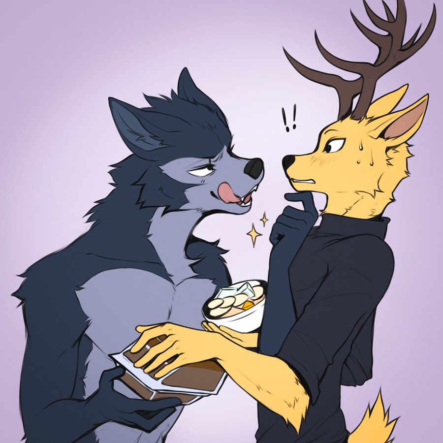 ! 1:1 angiewolf anthro beastars blush bodily_fluids bottomwear canid canine canis cervid cervine clothed clothing duo eye_contact finger_on_chin food legoshi_(beastars) licking licking_lips looking_at_another louis_(beastars) male male/male mammal red_deer simple_background sparkles sweat tongue tongue_out topless topwear wolf