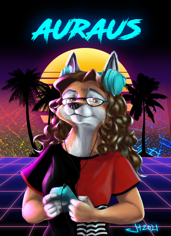 anthro badge canid canine clothed clothing hair ironraptor looking_at_viewer mammal retro solo vaporwave