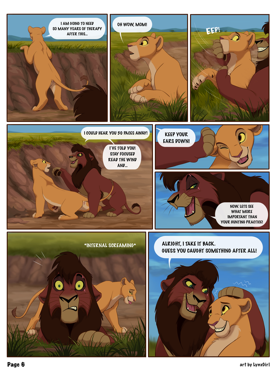 balls barely_visible_balls barely_visible_genitalia comic detailed_background dialogue disney english_text eye_scar facial_scar felid female feral genitals grass hi_res kiara kovu lion looking_at_another male male/female mammal mane outside pantherine paw_on_head paw_on_muzzle paws plant pussy radixpanther reallynxgirl scar sky speech_bubble text the_lion_king voyeur whiskers yellow_eyes