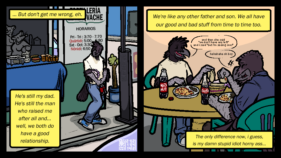 age_difference anthro avian beverage bird black_body black_feathers car cerdeorhys clothed clothing comic corvid corvus_(genus) crow dialogue didelphid dot_eyes duo eating english_text father father_and_child father_and_son feather_hair feathers food gonzalo_(cerdeorhys) hernan_(cerdeorhys) humanoid male mammal marsupial narration oscine outside parent parent_and_child passerine phone_booth plastic_chair pseudo_hair simple_background simple_coloring smile soda son speech_bubble street taco tail_feathers text tortilla tortilleria vehicle
