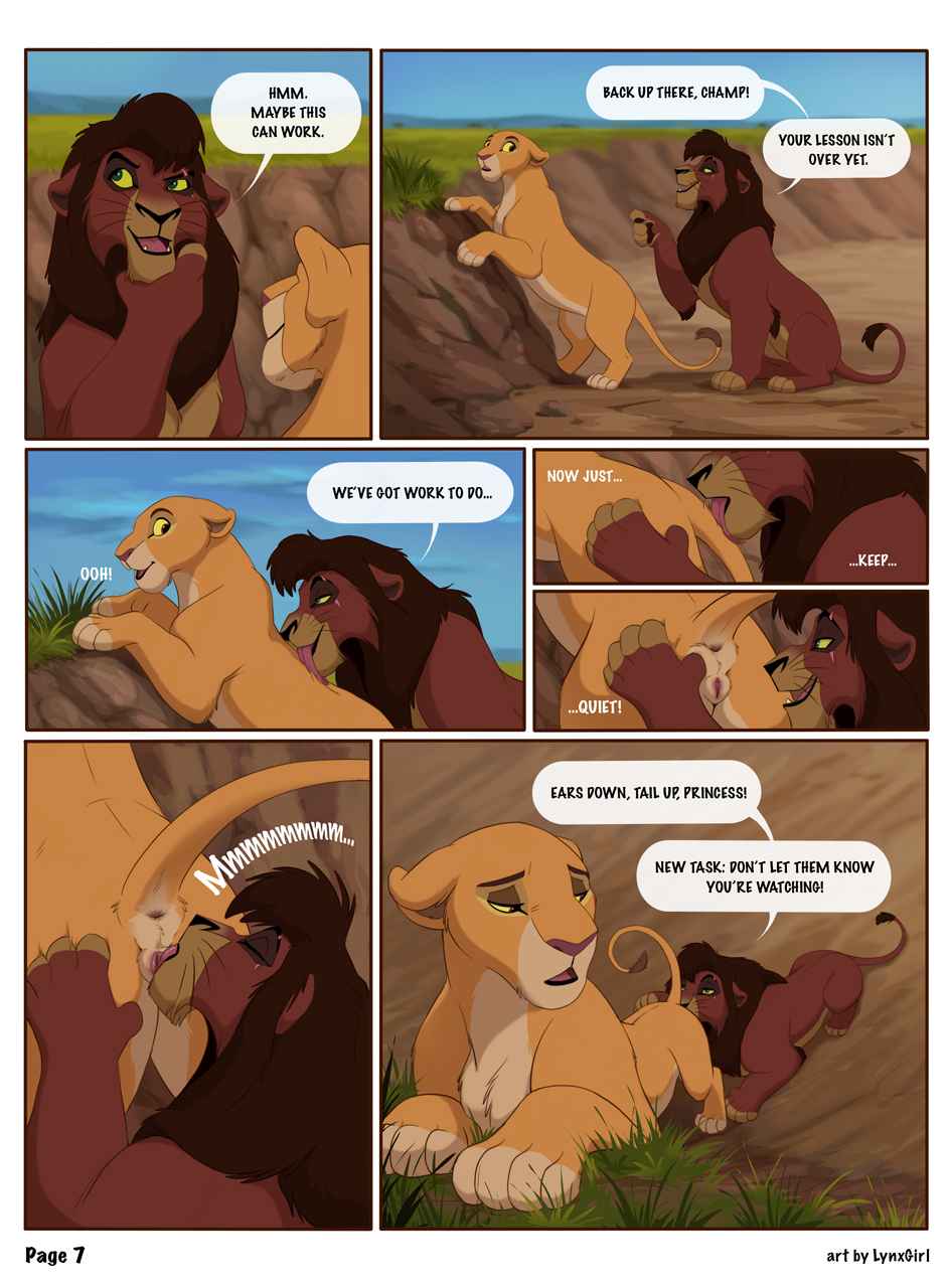 anus comic cunnilingus detailed_background dialogue disney english_text eye_scar facial_scar felid female feral genitals grass hi_res kiara kovu lion looking_at_another male male/female mammal mane oral outside pantherine paws plant pussy radixpanther reallynxgirl scar sex sky speech_bubble text the_lion_king vaginal whiskers yellow_eyes