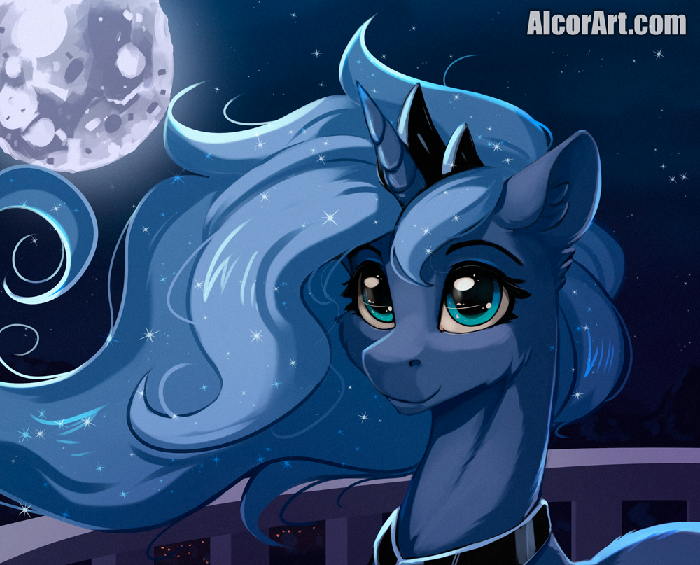 2021 alcor90 blue_eyes conditional_dnp digital_media_(artwork) equid equine eyebrows eyelashes female feral friendship_is_magic full_moon fur hasbro horn mammal moon my_little_pony night outside princess_luna_(mlp) smile solo text unicorn url