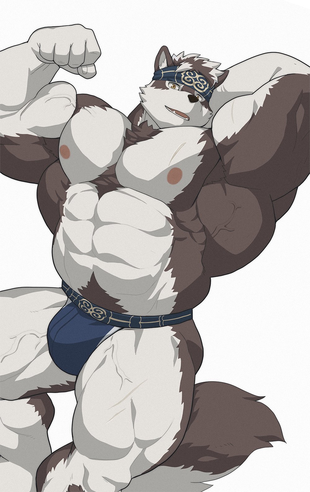 2021 5_fingers accessory anthro barazoku big_muscles black_nose bulge canid canine canis chest_tuft clothed clothing fingers flexing fur grey_body grey_fur headband hi_res horkeukamui huge_muscles humanoid_hands jockstrap kusunagi lifewonders looking_at_viewer male mammal multicolored_body multicolored_fur muscular muscular_anthro muscular_male nipples pink_nipples scar simple_background sitting solo tokyo_afterschool_summoners topless tuft two_tone_body two_tone_fur underwear veiny_muscles video_games white_background white_body white_fur wolf yellow_eyes