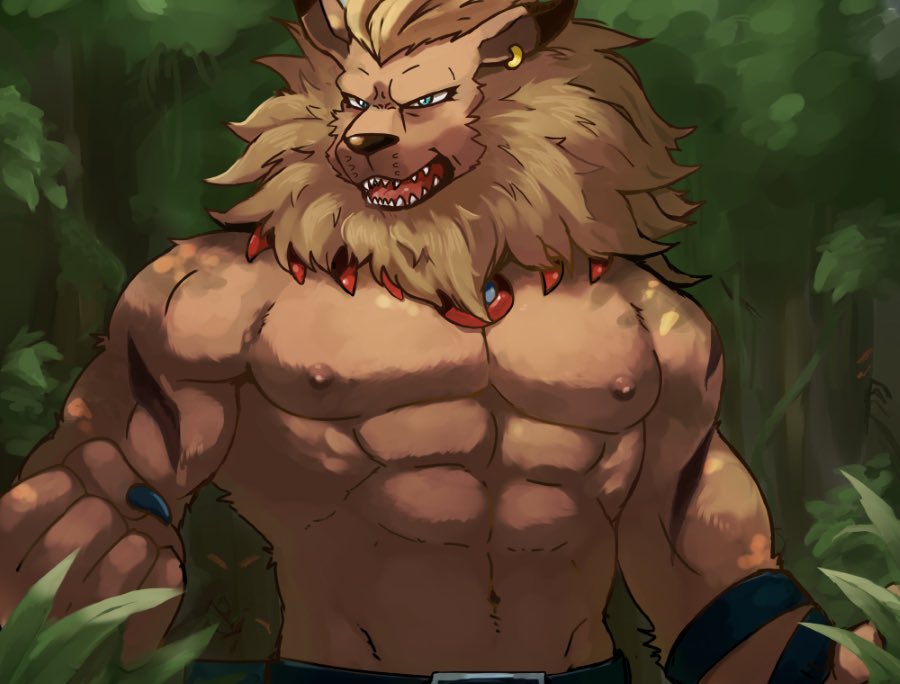 abs bandai_namco beard belt blue_eyes digimon digimon_(species) ear_piercing facial_hair leomon male mane navel nipples pecs piercing s583476 scar solo