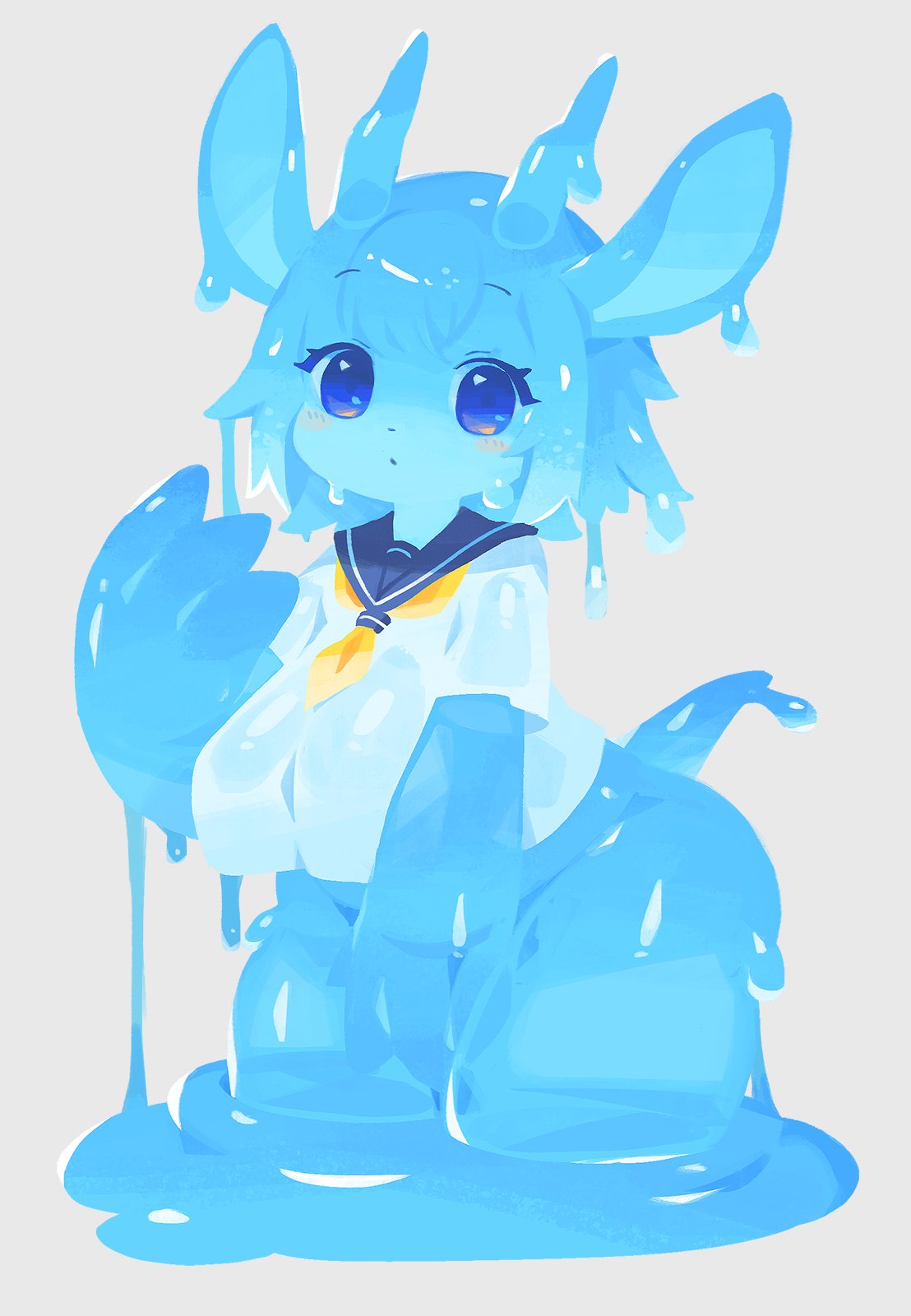 3_fingers anthro big_breasts big_butt blue_body blush bottomless bovid breasts butt caprine clothed clothing curvy_figure female fingers glistening glistening_body goo_creature hi_res kishibe mammal not_furry school_uniform solo thick_thighs translucent translucent_body uniform wet wet_clothing wide_hips