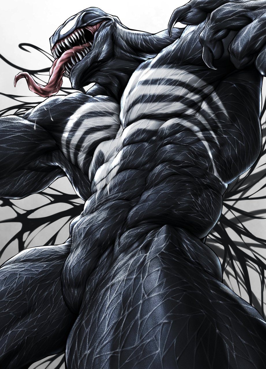 2021 abs alien biceps big_muscles black_body bodily_fluids claws detailed digital_media_(artwork) dripping featureless_crotch finger_claws hi_res humanoid long_tongue low-angle_view male markings marvel mtfoxx muscular muscular_humanoid muscular_male muscular_thighs not_furry open_mouth pecs quads saliva saliva_drip sharp_teeth solo symbiote teeth tongue tongue_out venom_(marvel) white_markings