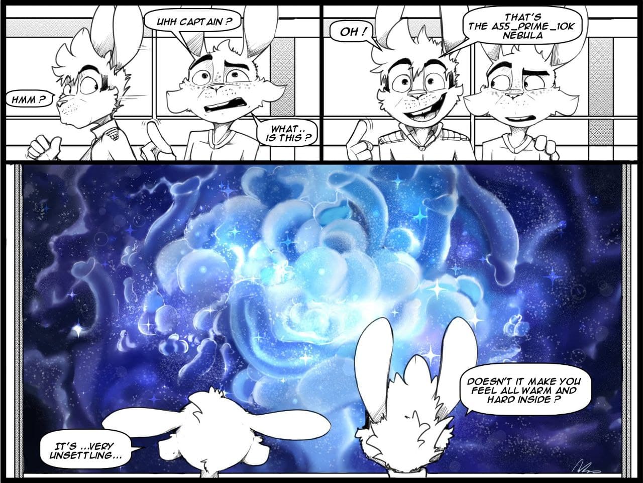 5_fingers butt clothed clothing comic dialogue fingers genitals gesture hair inoby lagomorph leporid male male/male mammal nebula penis pointing rabbit space spacebunz star text