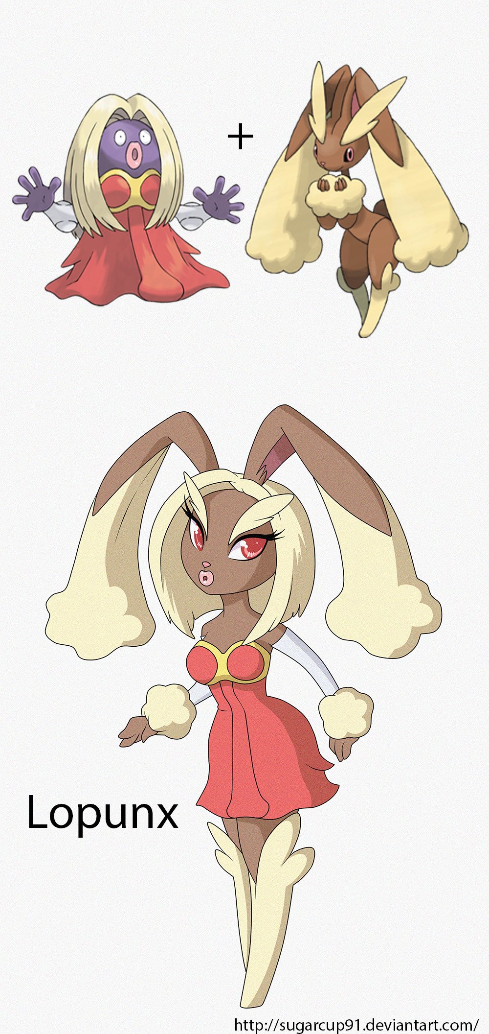 armwear blonde_hair brown_body brown_fur clothing dress elbow_gloves eyelashes fur gloves hair handwear hi_res hybrid jynx lagomorph looking_at_viewer lopunny mammal nintendo official_art pok&eacute;mon pok&eacute;mon_(species) purple_body purple_skin red_eyes simple_background sugarcup91 text url video_games yellow_body yellow_fur