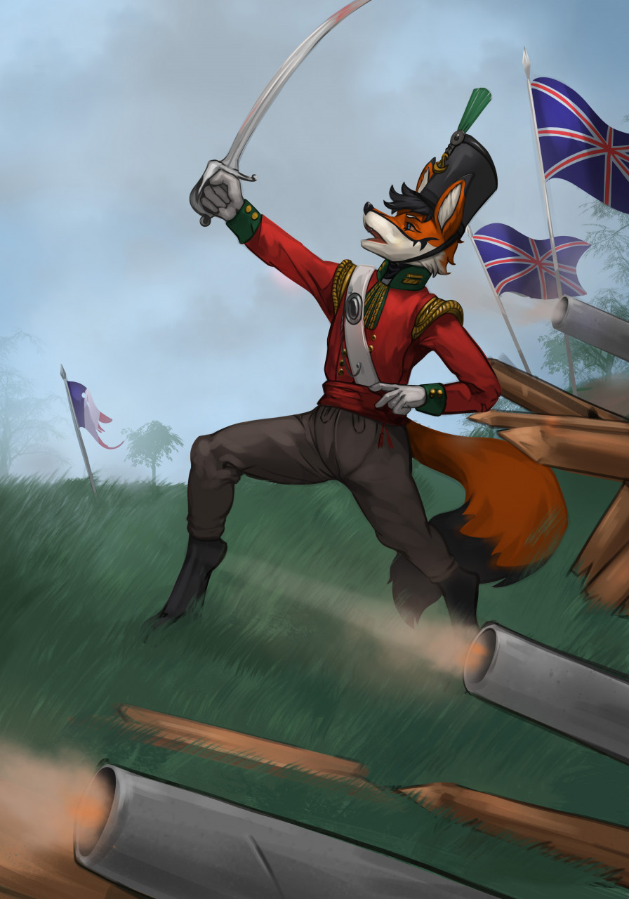 2021 anthro biped black_hair black_nose blue_eyes blue_sky canid canine cannon clothing day detailed_background digital_media_(artwork) eyebrows eyelashes fangs fluffy fluffy_tail fox french_flag fur gloves grass hair handwear hat headgear headwear hi_res male mammal melee_weapon military military_pants military_uniform napoleonic open_mouth orange_body orange_fur outside pimpartist plant ranged_weapon shaded sky soldier solo sword traditional_media_(artwork) tree uniform union_jack war warrior weapon