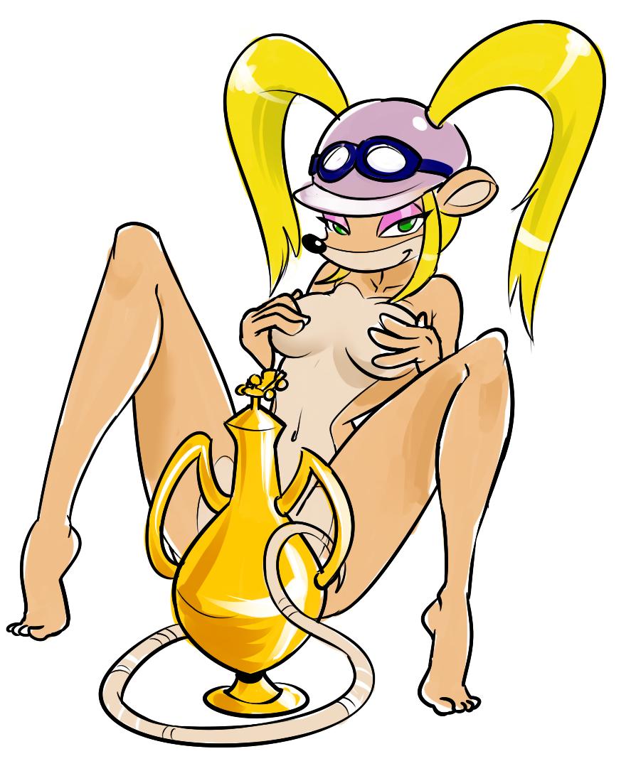 activision anthro award barefoot blonde_hair breasts censored clothing convenient_censorship covered_nipples covering covering_breasts crash_bandicoot_(series) eyewear eyewear_on_head feet female goggles goggles_on_head green_eyes hair hat headgear headwear legs_up long_hair mammal mario-grant marsupial nude pasadena_o'possum phalangeriform pigtails small_breasts smile solo trophy video_games