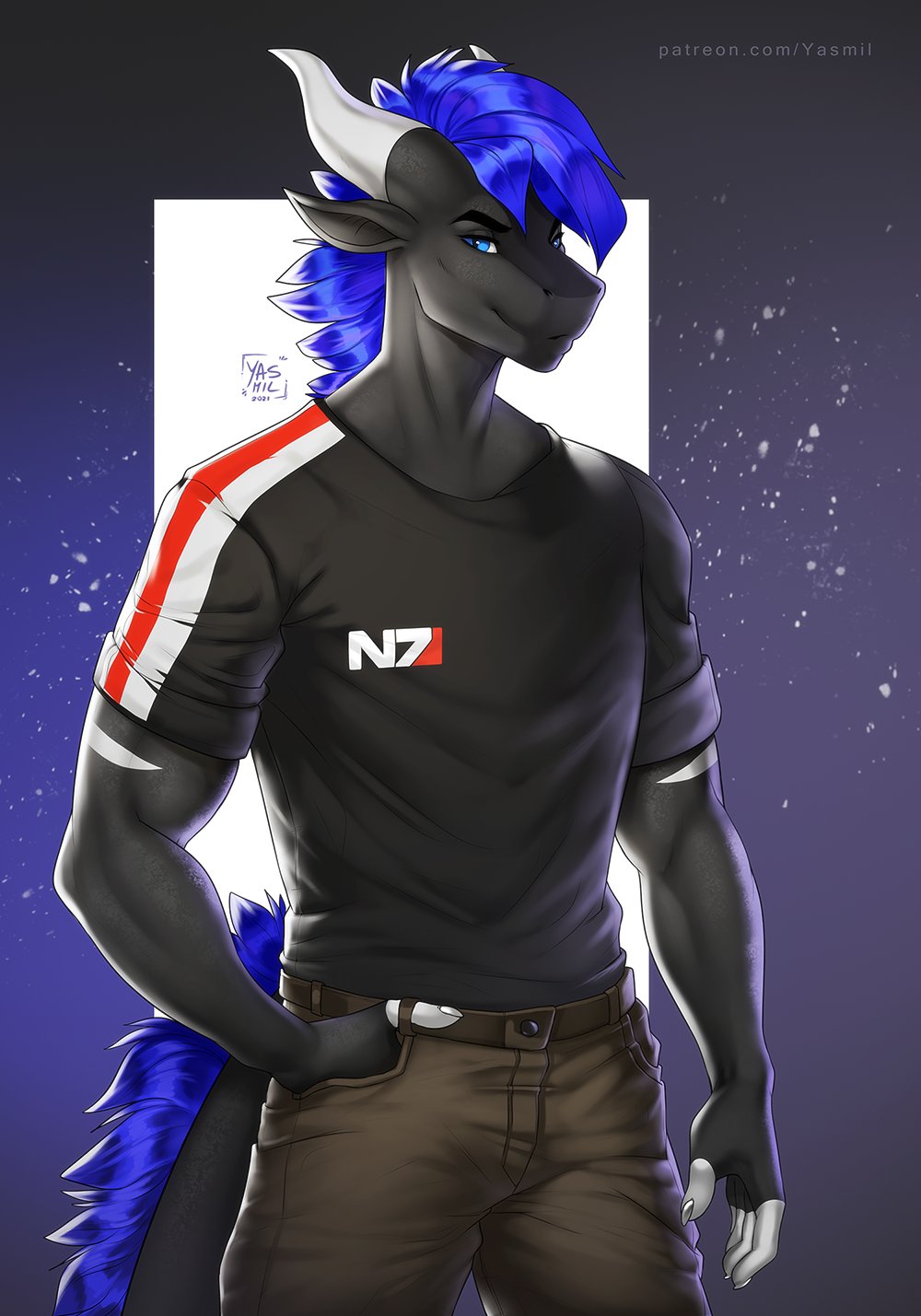 2021 anthro black_body black_scales blue_eyes blue_hair clothed clothing digital_media_(artwork) dragon eyebrows eyelashes hair hand_in_pocket hi_res horn male mass_effect n7 pockets scales smile solo video_games wingless_dragon yasmil