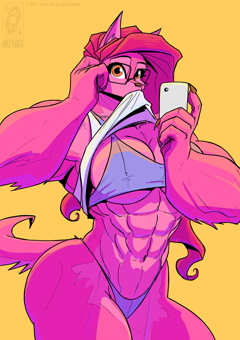 2021 abs anthro big_breasts bra breasts canid canine cellphone claws clothed clothing clothing_lift conditional_dnp eyewear female fur glasses hair jollyjack looking_at_viewer mammal muscular muscular_arms muscular_female muscular_thighs orange_eyes panties phone pink_body pink_fur pink_hair shirt shirt_lift simple_background solo topwear underwear were werecanid werecanine werewolf yellow_background