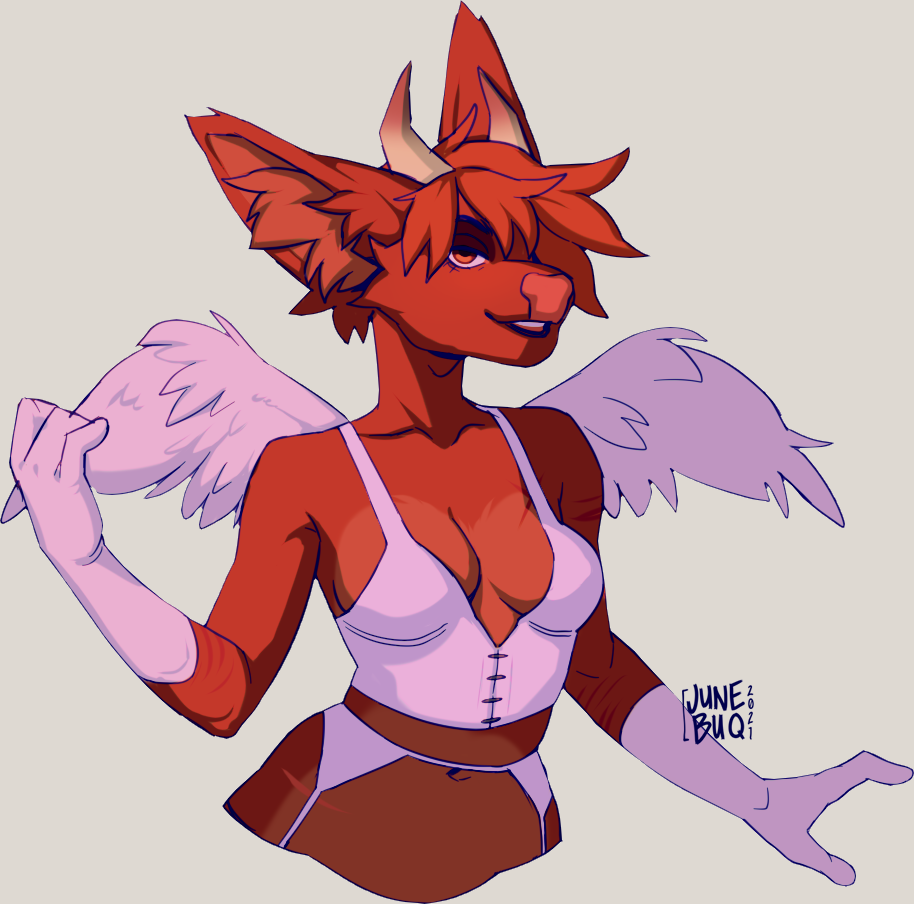 2021 ailith_(coffaefox) anthro bovid bovine breasts brown_body brown_fur brown_hair cattle clothed clothing digital_media_(artwork) female fur hair horn junebuq lips mammal red_body red_eyes red_fur red_hair simple_background smile solo white_background