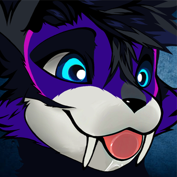 1:1 anthro black_hair black_nose blep blue_eyes bodily_fluids drooling fangs fur hadalen hair kaltag low_res male purple_body purple_fur saliva solo tongue tongue_out