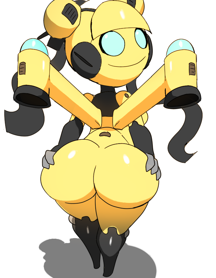 anthro blue_eyes butt butt_grab female hand_on_butt kit_(ratchet_and_clank) looking_at_viewer looking_back machine metal metallic_body not_furry not_furry_focus nude robot short_stack smile solo twintails_(hairstyle) yellow_body zaviel