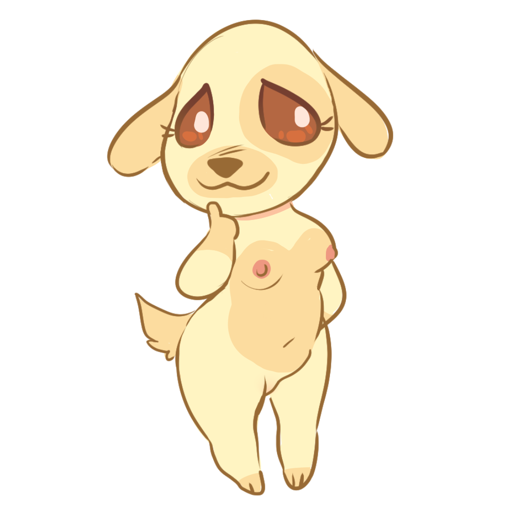1:1 animal_crossing anthro belly big_eyes breasts canid canine canis dog_tail domestic_dog featureless_crotch female genitals glacierclear goldie_(animal_crossing) mammal navel nintendo nude pussy simple_background smile solo video_games white_background