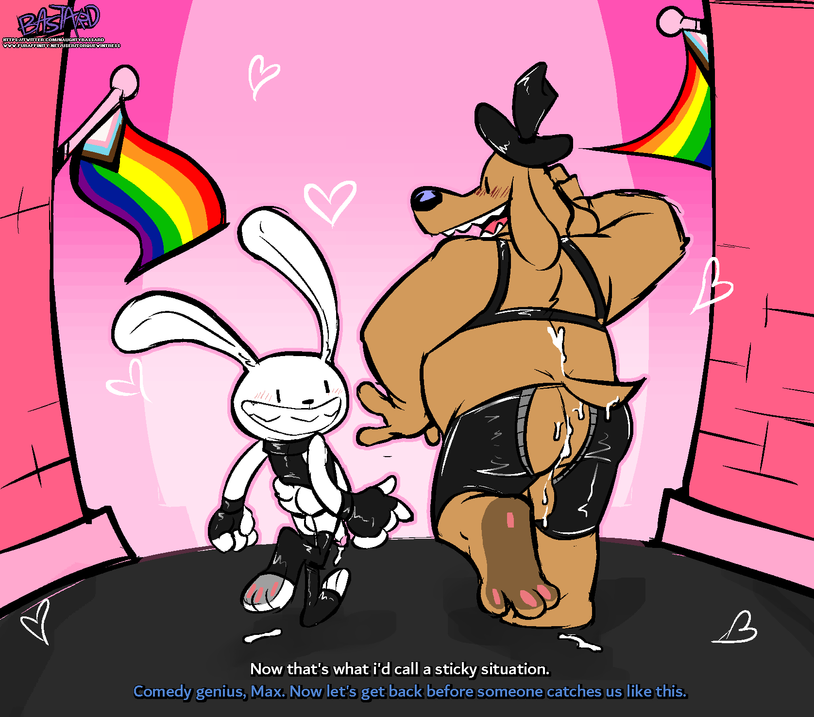 &lt;3 2021 3_toes after_sex anthro backsack balls bdsm black_nose blush bodily_fluids brown_body brown_fur butt canid canine canis clothed clothing cum cum_on_back cum_on_butt dialogue digital_drawing_(artwork) digital_media_(artwork) domestic_dog duo english_text feet fur genital_fluids genitals glistening hat headgear headwear hi_res hindpaw lagomorph leporid lgbt_pride male mammal max_(sam_and_max) open_mouth pawpads paws pride_colors rabbit rainbow_flag rainbow_pride_flag rainbow_symbol rubber sam_and_max samuel_dog signature simple_background size_difference small_dom_big_sub smile text toes toony torquewintress white_body white_fur