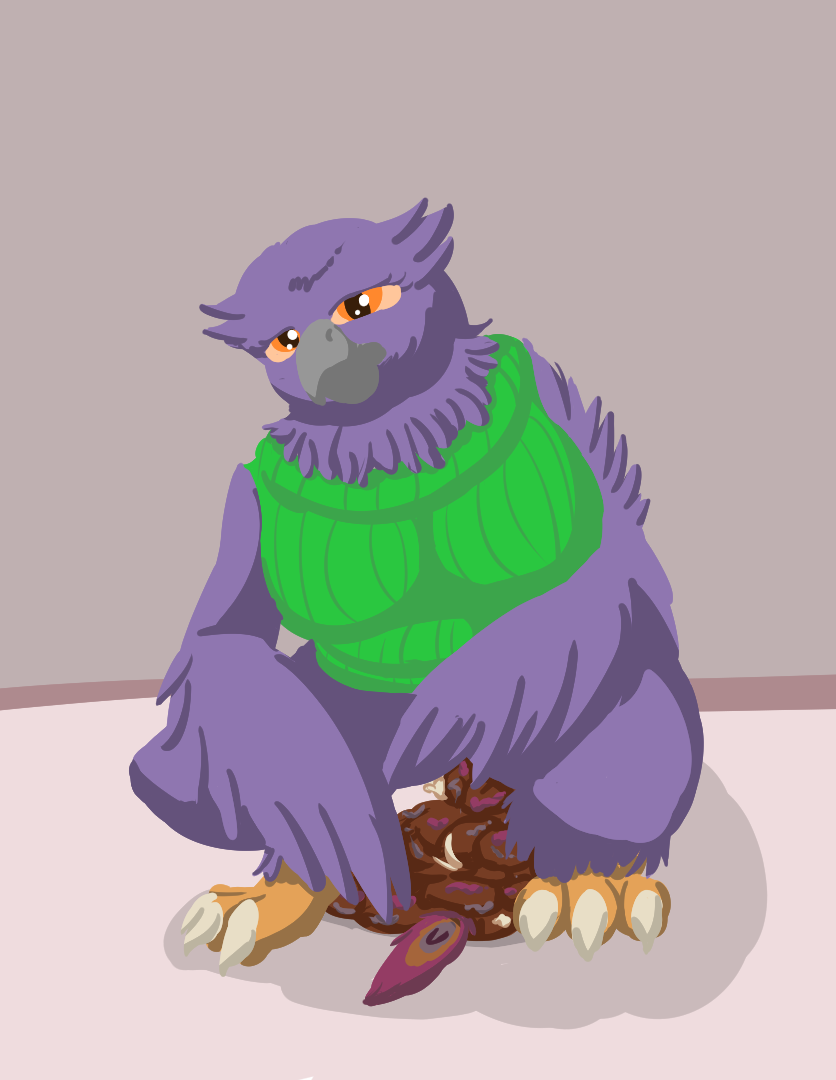 after_vore anthro anthro_pred avian beak bird bone clothing death disposal feathered_wings feathers feces female female_pred gyro_feather gyrotech owl peacock_feather pooping purple_body scat silent_e sweater sweater_vest sweatpants topwear valerie_(saybin) vest vore wings