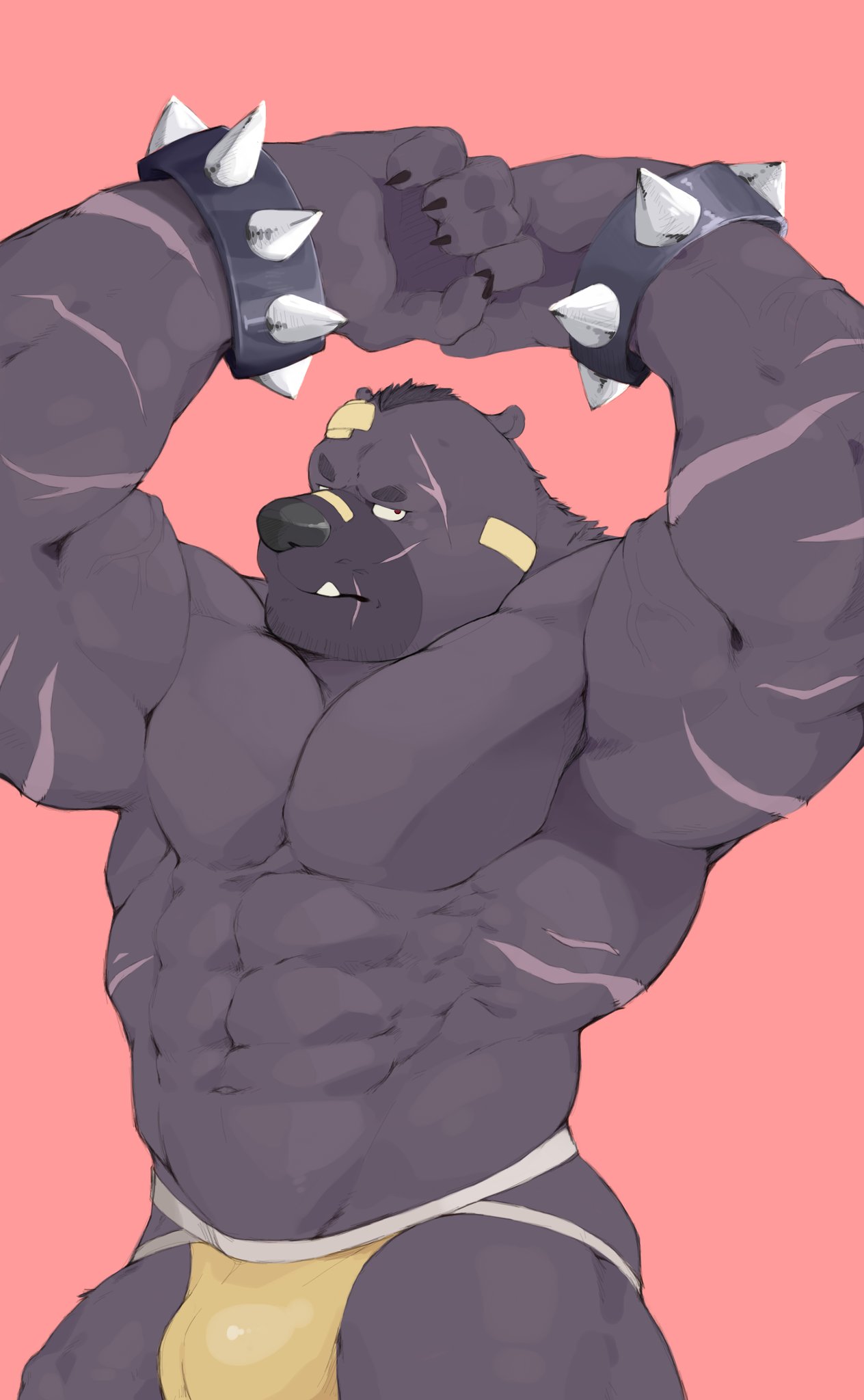 2017 5_fingers anthro bandage barazoku big_muscles black_body black_claws black_fur black_hair black_nose bracelet claws clothed clothing eyebrows fingers fur hair hi_res humanoid_hands jewelry jockstrap looking_at_viewer male mammal muscular muscular_anthro muscular_male red_eyes scar solo spiked_bracelet spikes standing thedragonred12 thick_eyebrows topless underwear underwear_only ursid