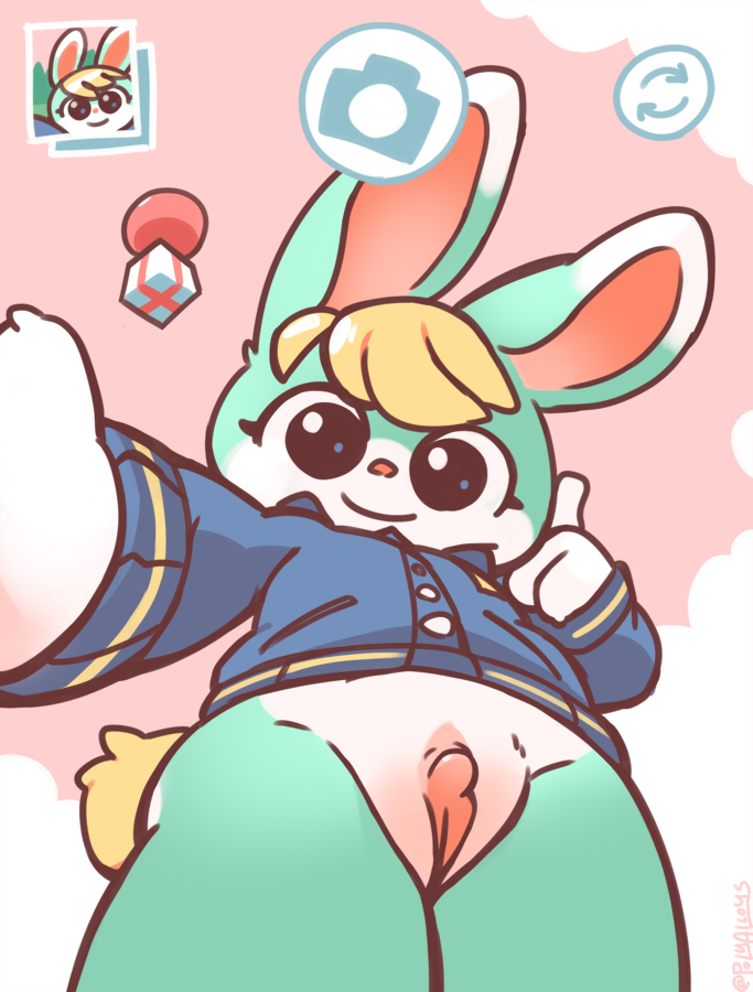 animal_crossing anthro balloon big_ears big_eyes blonde_hair bottomless camera_view clitoris clothed clothing cloud cloudscape cute_expression fur genitals gift gift_box green_body green_fur hair inflatable lagomorph leporid male male_(lore) mammal nintendo polyalloys pussy rabbit sasha_(animal_crossing) selfie sky smile solo t-dick topwear transmasc video_games white_body white_fur