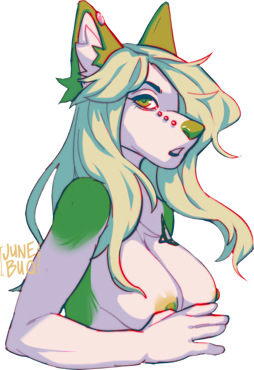 2021 anthro areola breasts canid canine canis digital_media_(artwork) domestic_dog female fur green_areola green_body green_eyes green_fur green_hair green_nipples green_nose hair junebuq mammal nipples nude