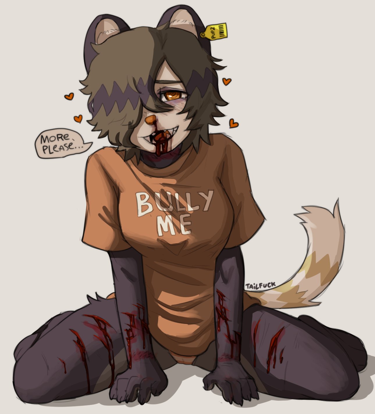 &lt;3 &lt;3_eyes 5_fingers anthro begging blood bodily_fluids bottomwear breasts bruised clothed clothing dasyurid dasyuromorph ear_tag english_text female fingers fluffy fluffy_tail hi_res kneeling looking_pleasured mammal marsupial masochism on_ground one_eye_obstructed open_mouth orange_clothing orange_eyes orange_nose orange_shirt orange_t-shirt orange_topwear pain panties partially_clothed pattern_bottomwear pattern_clothing pattern_panties pattern_underwear rope_burn shirt simple_background sitting skimpy solo speech_bubble spread_legs spreading striped_bottomwear striped_clothing striped_panties striped_underwear stripes t-shirt tailfuck_(meltymiilk) tasmanian_devil teeth text text_on_clothing text_on_shirt text_on_topwear topwear torture underwear white_background