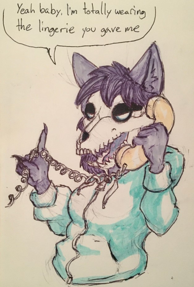 anthro bone breasts canid canine canis claws clothing dialogue english_text female hoodie humor malo mammal marsh_(marshthemalo) phone phonecall scp-1471 scp-1471-a scp_foundation skull skull_head solo speech_bubble text topwear traditional_media_(artwork) victordantes wolf