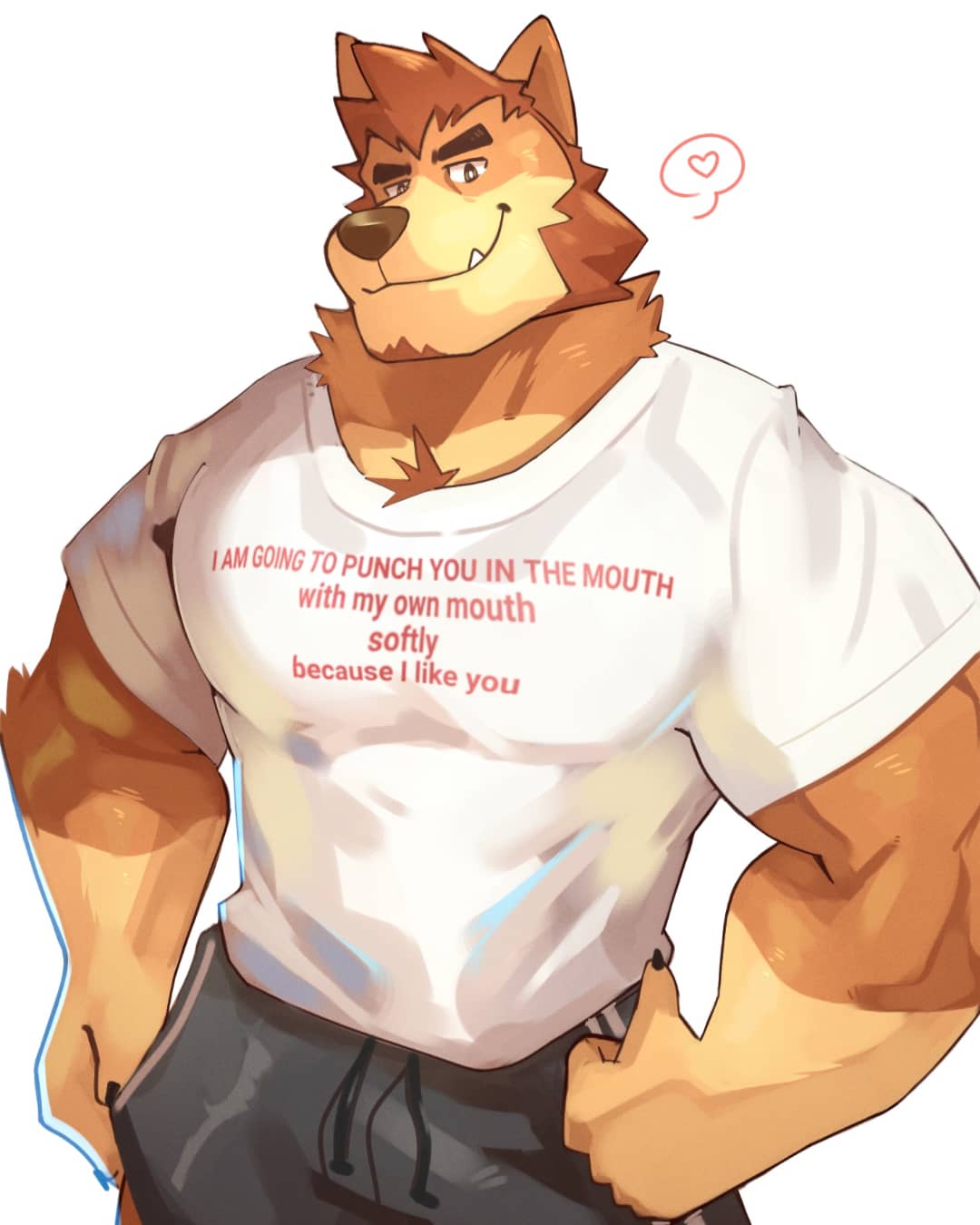 &lt;3 2021 4:5 anthro big_muscles bottomwear canid canine cilok claws clothed clothing dialogue_box english_text eyebrows fur hair hi_res looking_at_viewer male mammal muscular muscular_anthro muscular_male pants pictographics shirt simple_background smile solo standing t-shirt teeth text text_on_clothing text_on_shirt text_on_topwear topwear tuft white_background