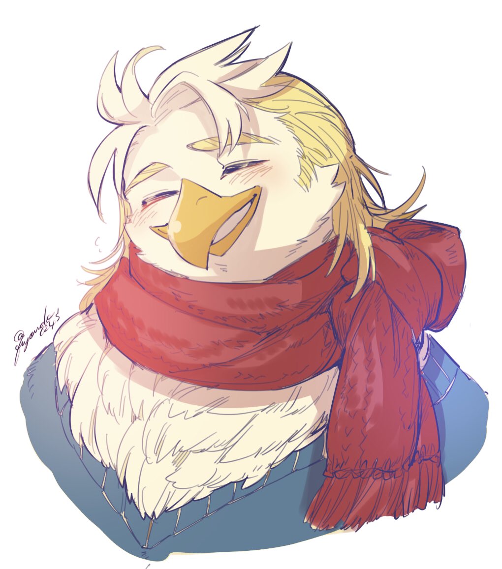 accipitrid accipitriform anthro avian beak bird blonde_hair blush bust_portrait eagle feathers fuyoudo624 grin hair lifewonders male portrait scarf smile solo thunderbird_(tas) tokyo_afterschool_summoners video_games white_body white_feathers