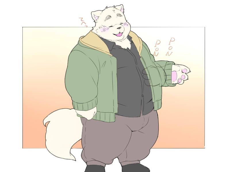 2021 4:3 anthro blush bottomwear canid canine canis clothing domestic_dog eyes_closed humanoid_hands inunoshippo kemono male mammal overweight overweight_male pants simple_background solo sweater topwear