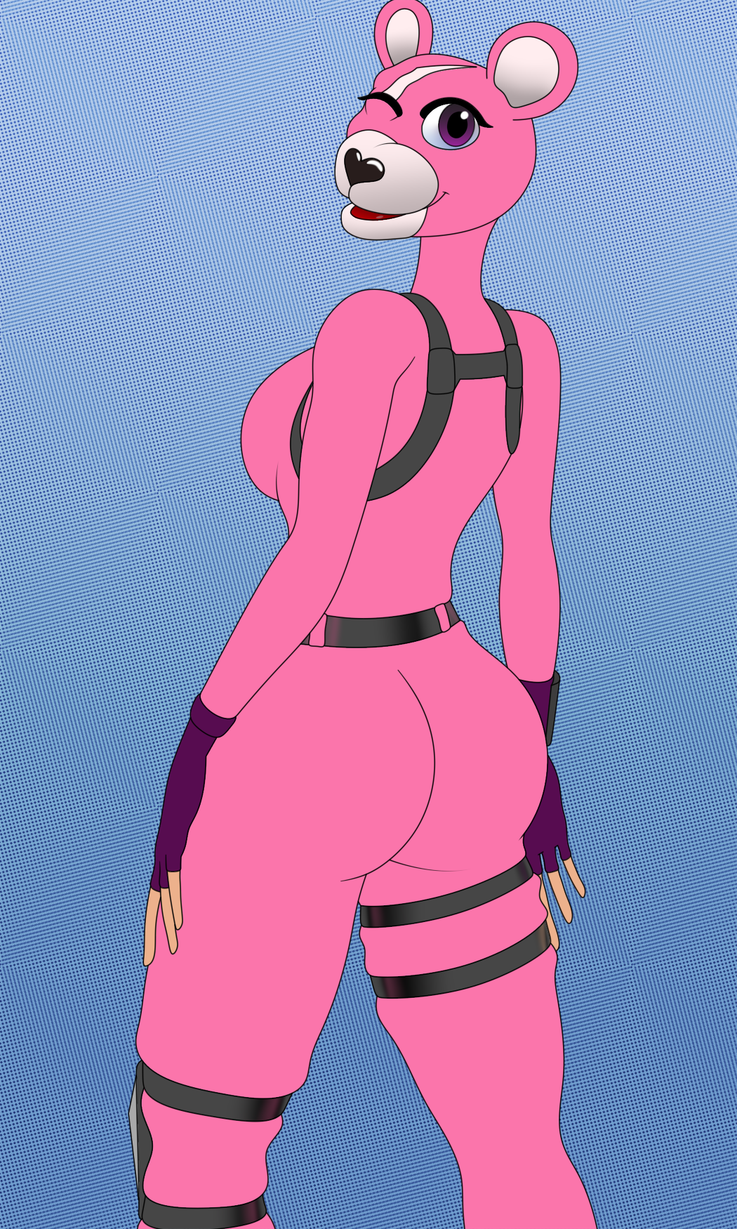 3:5 anthro belt biped breasts butt clothed clothing cuddle_team_leader epic_games female fortnite gloves handwear hi_res humanoid mammal one_eye_closed side_boob smile solo standing unknown_artist ursid video_games