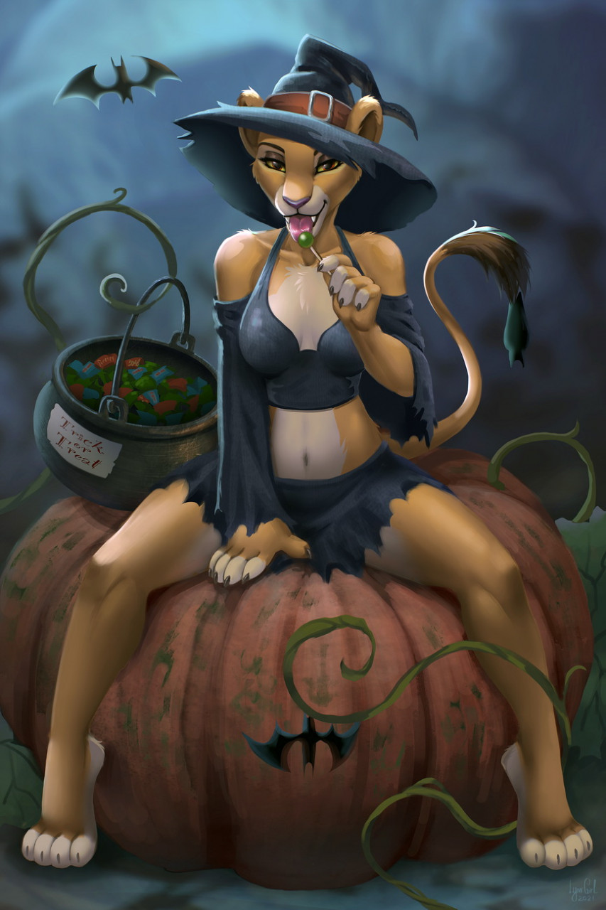 2021 anthro anthrofied bottomwear breasts candy chiropteran claws clothed clothing dessert digital_media_(artwork) disney fangs felid female food fur halloween hat headgear headwear hi_res holidays kiara licking lion lollipop magic_user mammal pantherine reallynxgirl skirt solo the_lion_king tongue tongue_out topwear witch witch_hat