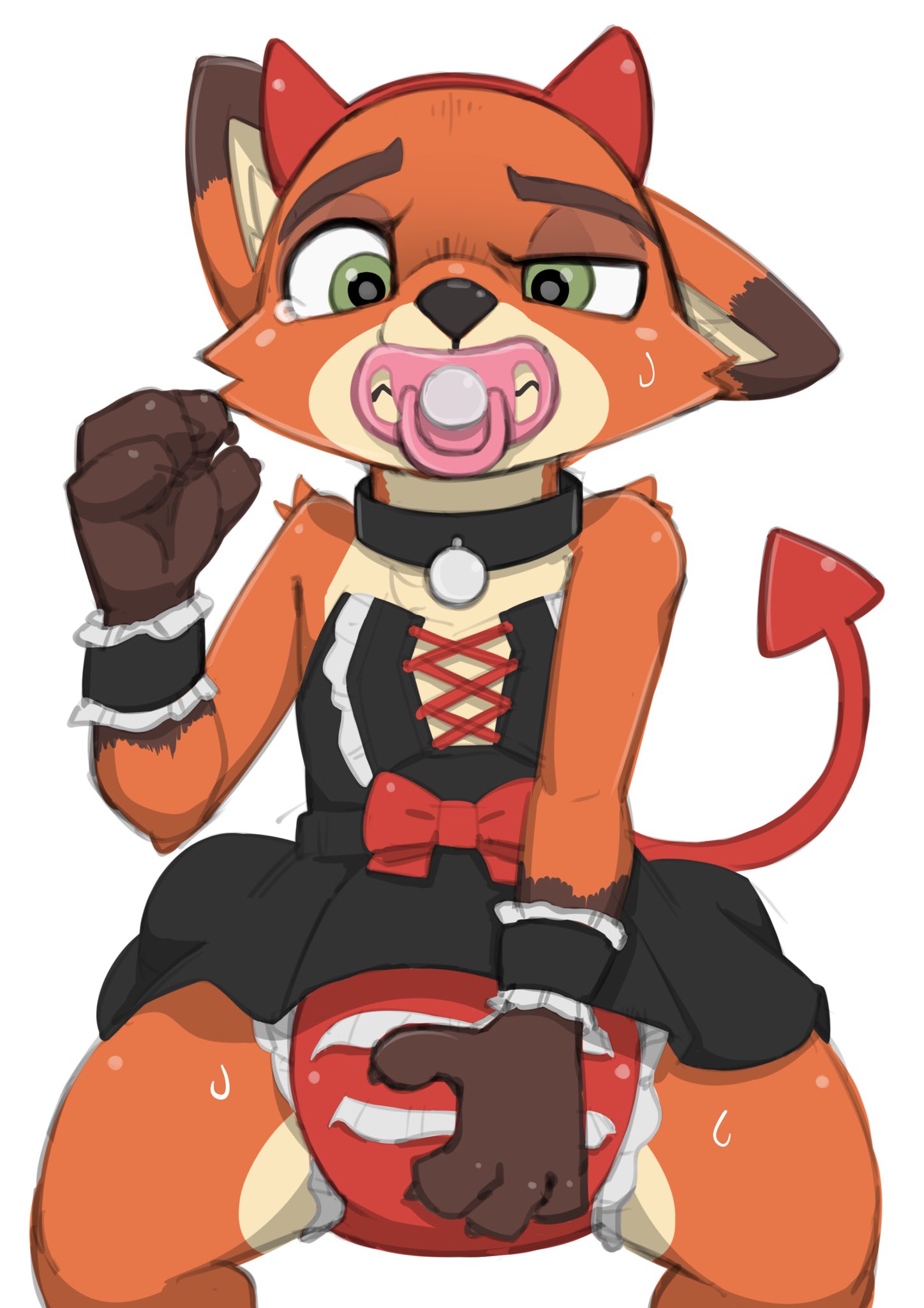 anthro bodily_fluids bow canid canine clothed clothing collar crossdressing devil_costume diaper disney dress embarrassed fox fur green_eyes hi_res infantilism lingerie male mammal nick_wilde nyanyakotarou one_ear_up orange_body orange_fur pacifier red_diaper simple_background sitting solo sweat tears touching_diaper zootopia