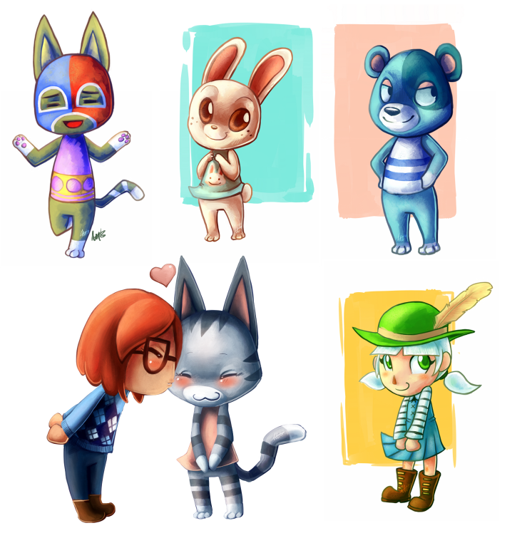 &lt;3 2013 animal_crossing anthro black_nose blue_body blush boots brown_body clothing domestic_cat dress eyes_closed eyewear felid feline felis female footwear glasses grey_body hair hat headgear headwear human kissing kody_(animal_crossing) lagomorph leporid lolly_(animal_crossing) male mammal mask nintendo on_one_leg open_mouth pattern_clothing pawpads rabbit red_eyes ruby_(animal_crossing) smile spacesmilodon standing stinky_(animal_crossing) striped_body striped_clothing stripes sweater topwear ursid video_games villager_(animal_crossing) white_hair