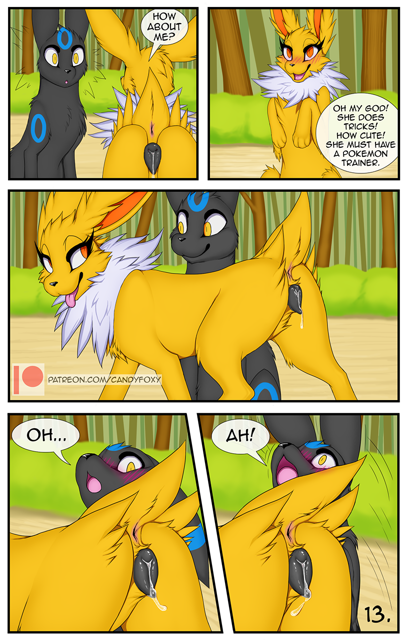 amber_(candyfoxy) animal_genitalia animal_pussy anus blush blush_lines bodily_fluids candyfoxy canine_pussy comic digital_media_(artwork) duo duo_focus eeveelution female feral genital_fluids genitals group harem hi_res in_heat jolteon male male/female nintendo orange_eyes pok&eacute;mon pok&eacute;mon_(species) pushed pussy pussy_juice quadruped shaded shiny_pok&eacute;mon shocked shocked_expression spade tongue tongue_out umbreon video_games