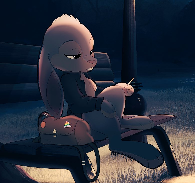 2018 anthro bag bench black_clothing black_jacket black_topwear bottomless buckteeth cheek_tuft chest_tuft cigarette clothed clothing detailed_background digital_drawing_(artwork) digital_media_(artwork) facial_tuft female floppy_ears frown fur grass half-closed_eyes head_tuft jacket kitchiki lagomorph leporid long_ears mammal narrowed_eyes open_clothing open_topwear outside pin_accessory pin_button pink_body pink_fur plant purple_eyes rabbit riley_(scratch21) sad scratch21 sitting solo street_lamp tan_body tan_fur teeth topwear tuft