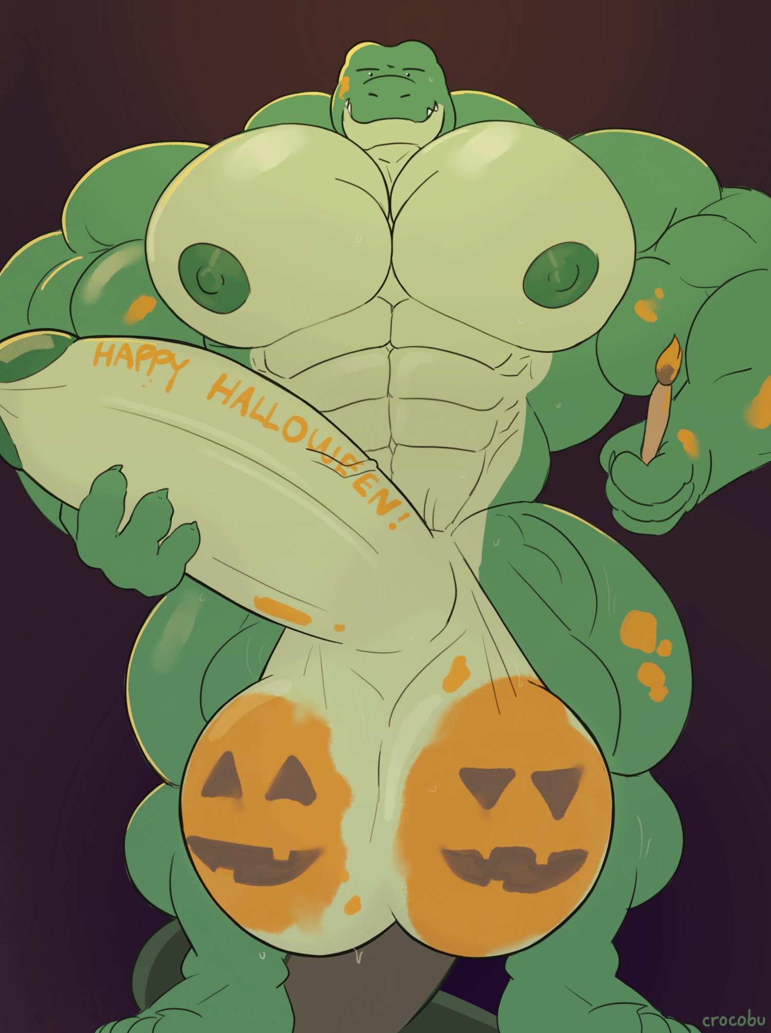 2021 4_fingers abs anthro areola balls biceps big_balls big_muscles big_penis biped bodily_fluids bodypaint brush claws crocobu crocodile crocodilian crocodylid digital_media_(artwork) english_text erection finger_claws fingers food fruit genitals green_body green_skin halloween hi_res holding_brush holding_object holding_paintbrush holding_penis holidays huge_balls huge_muscles huge_pecs huge_penis huge_thighs hyper hyper_balls hyper_genitalia hyper_penis jack-o'-lantern looking_at_viewer male muscular muscular_anthro muscular_male muscular_thighs navel nipples non-mammal_balls non-mammal_nipples nude paintbrush painted_balls pecs penis plant plantigrade pumpkin pumpkin_balls quads reptile scalie sharp_teeth smile solo sweat sweatdrop teeth text thick_thighs toe_claws