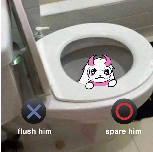 bathroom blackpatapon bodily_fluids bovid button_prompt caprine deltarune english_text eyewear fur glasses goat horn male mammal meme pink_horn ralsei sad solo tears text undertale_(series) video_games white_body white_fur